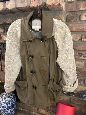 Anthropologie Olive Utility Jacket with Cream Bouclé Sleeves